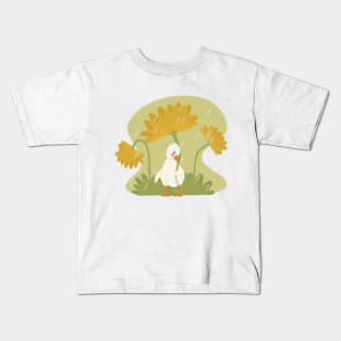 Duck and yellow flowers under the rain Kids T-Shirt